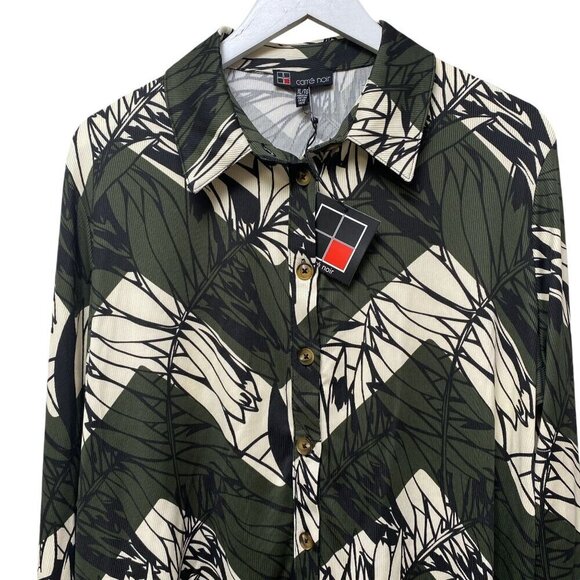 CARRE NOIR Stretch Top XL Womens Button Up Olive Green Print Long Sleeve NWT - Picture 2 of 11